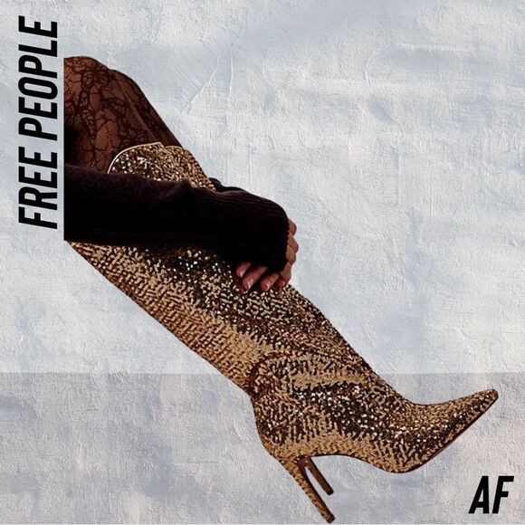 FREE PEOPLE BY VINCENZA AFTER MIDNIGHT SEQUINED BOOTS IN GOLD NEW SIZE 8 - Picture 4 of 6